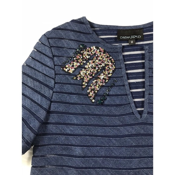 $290 Cynthia Rowley Indigo Denim Mesh Top 2 XS Blue Beaded V Neck Cocktail - Picture 3 of 8